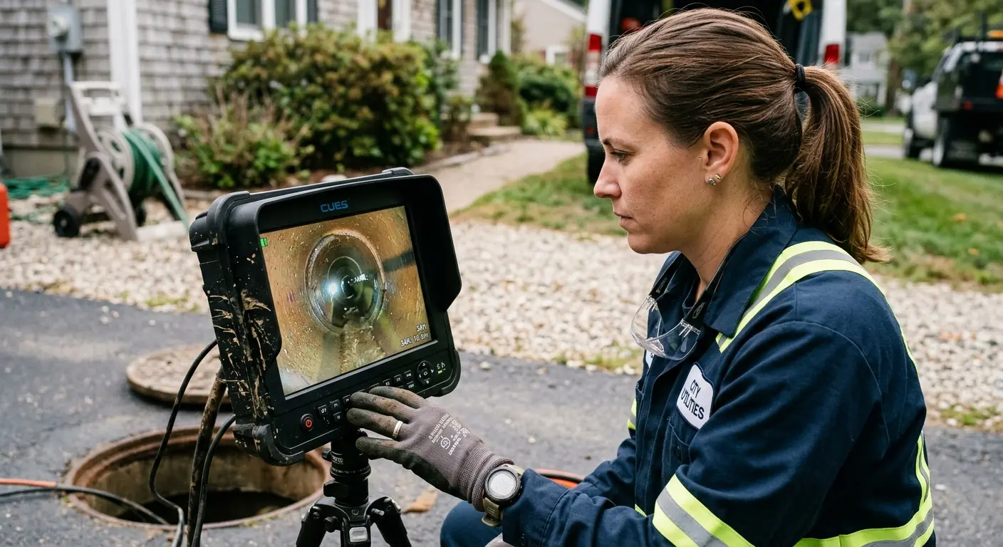 Technician reviewing sewer camera inspection footage in Middletown