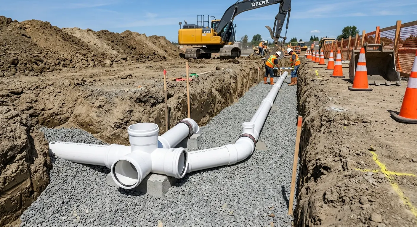 New PVC sewer pipe installation in open trench for Sewer Backup in Middletown